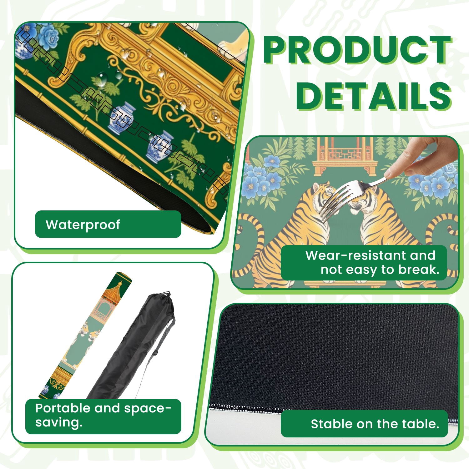 Mahjong Mat 31.5" x 31.5" Chinese Tigers Oriental Pagodas Floral Design Green Non-Slip Noise Reduction American Mahjong Tiles Table Cover for Dominoes Poker Card Board Games Gift
