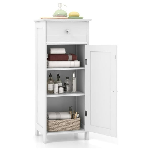 Bathroom Floor Cabinet, Small Wooden Freestanding Storage Organizer Unit with Drawers, Adjustable Shelves, Century Modern Bathroom Storage Cabinet for Bedroom, Living Room, Entryway