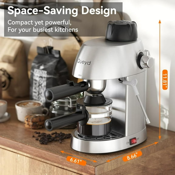 3.5  Espresso Machine, 4-Cup Stainless Steel Coffee Maker with Steam Milk Frother, Compact Design Coffee Machine with Removable Drip Tray for Latte and Cappuccino, Silver