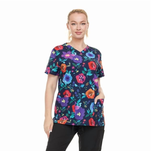 HEAL WEAR Women's Printed V-Neck Scrub Top 4-Way Stretch Multi-Pocket,Clinical Scrub Nurse Clinical Suit.