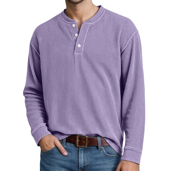 Mens T Shirts Long Sleeve Crewneck Henley Shirts Basic Purple Shirts with Button Men's Shirts Casual