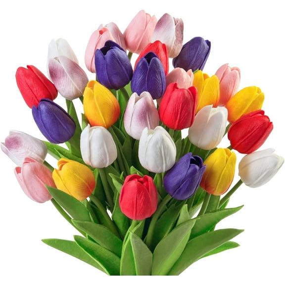 30 Pcs Multicolor Artificial Tulip Flowers PU Real Touch Fake Plants Faux Bouquet for Room Office Table Party Spring Wedding Home Spring Mother's Day Easter Decorations