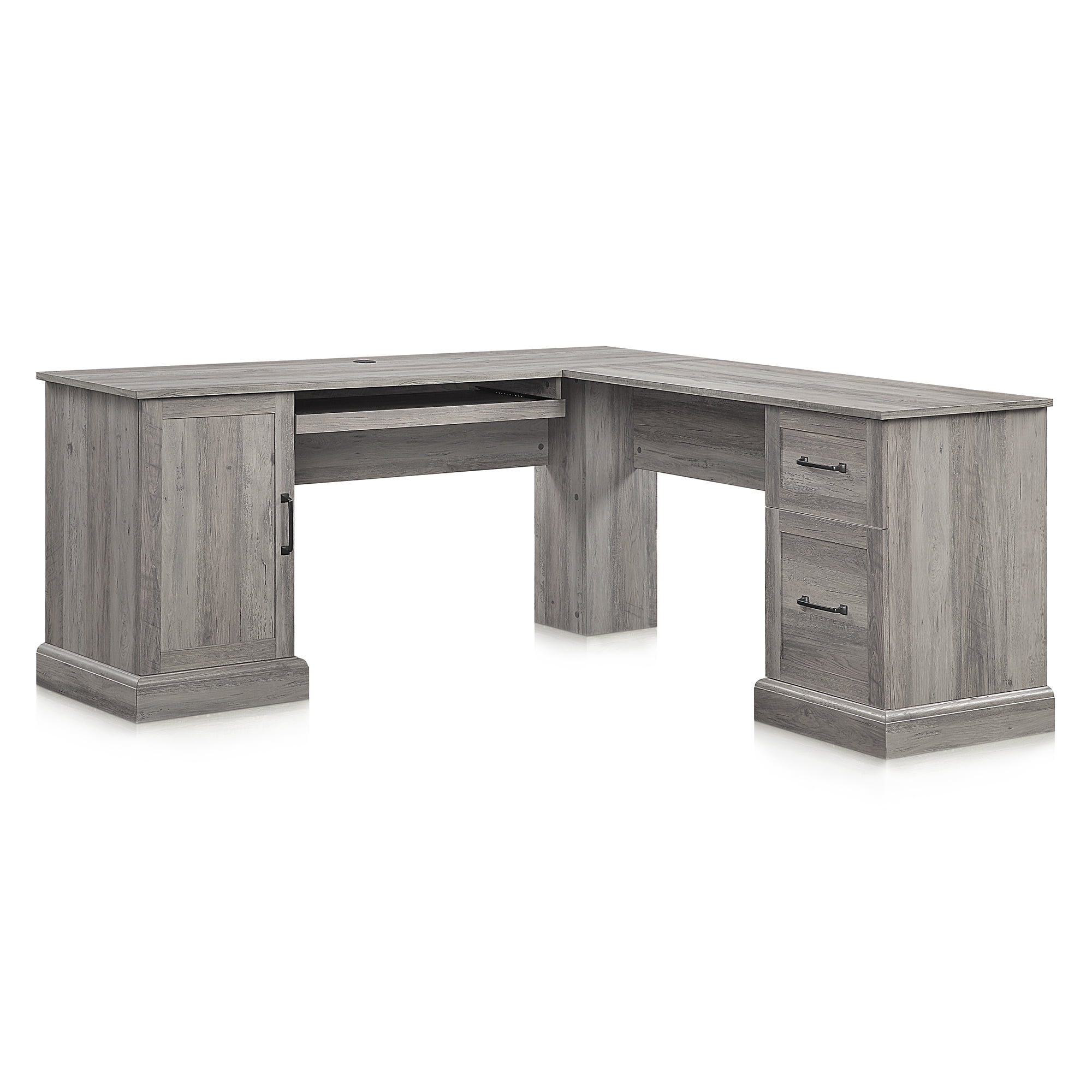 BELLEZE Modern Corner L-Shaped Home Office Computer Laptop Desk or Writing Study Workstation with Keyboard Tray, Two Drawers and Cabinet - Barlow (Gray Wash)