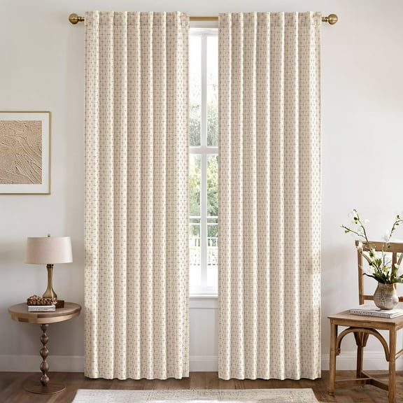 Decorative Back Tab Linen Curtains with Geometric Pattern, 84 Inches Long 2 Panels Set, Beige