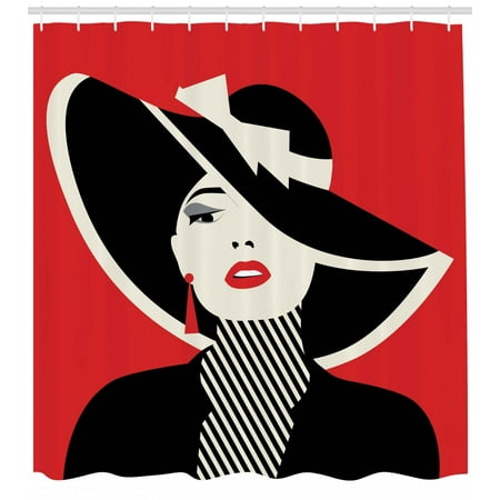 - Girls Shower Curtain, French Style Icon in Shabby Chic Classical Vintage Hat and Striped Coat Design Print, Fabric Bathroom Set with Hooks, Red Black, by Ambesonne