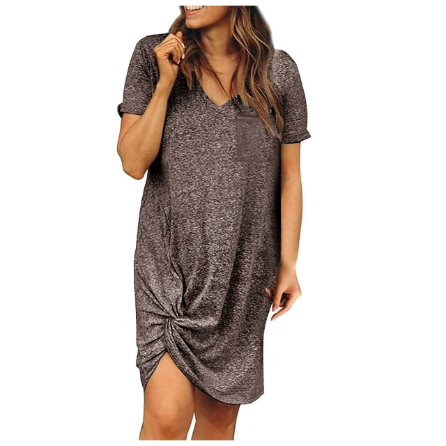 Robes d'Été pour Femmes 2022 Mode pour Femmes Couleur Unie Nœud à Nouer Col en V Manches Courtes Robe Décontractée