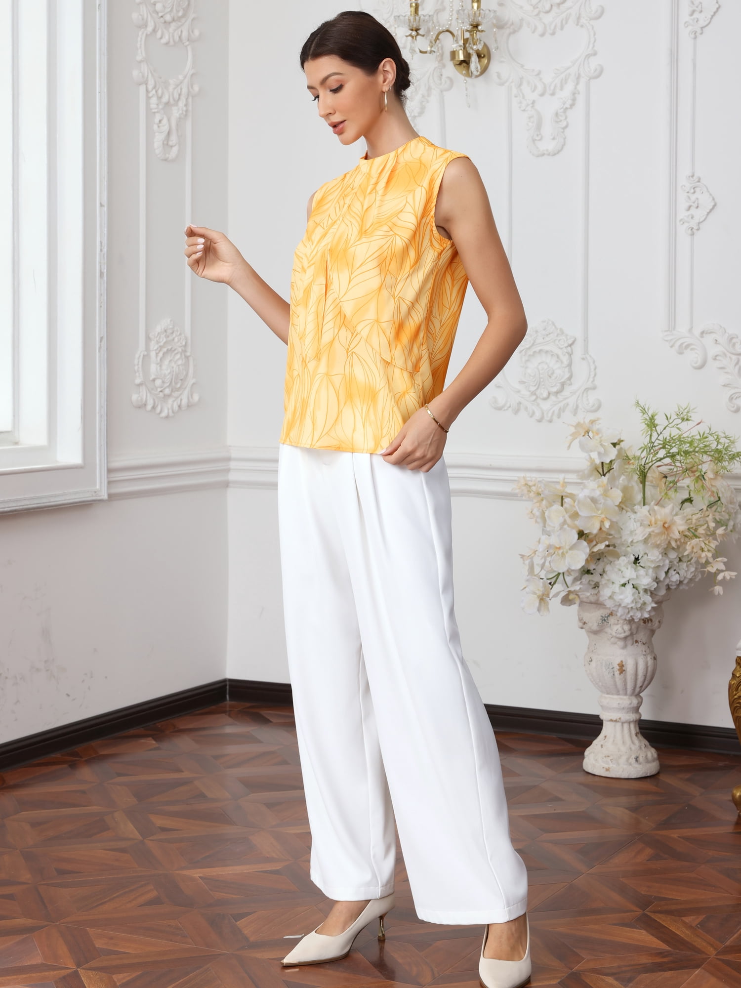 DARING DIVA Women's Summer Dressy Tank Top Sleeveless Floral Business Blouse XS Yellow