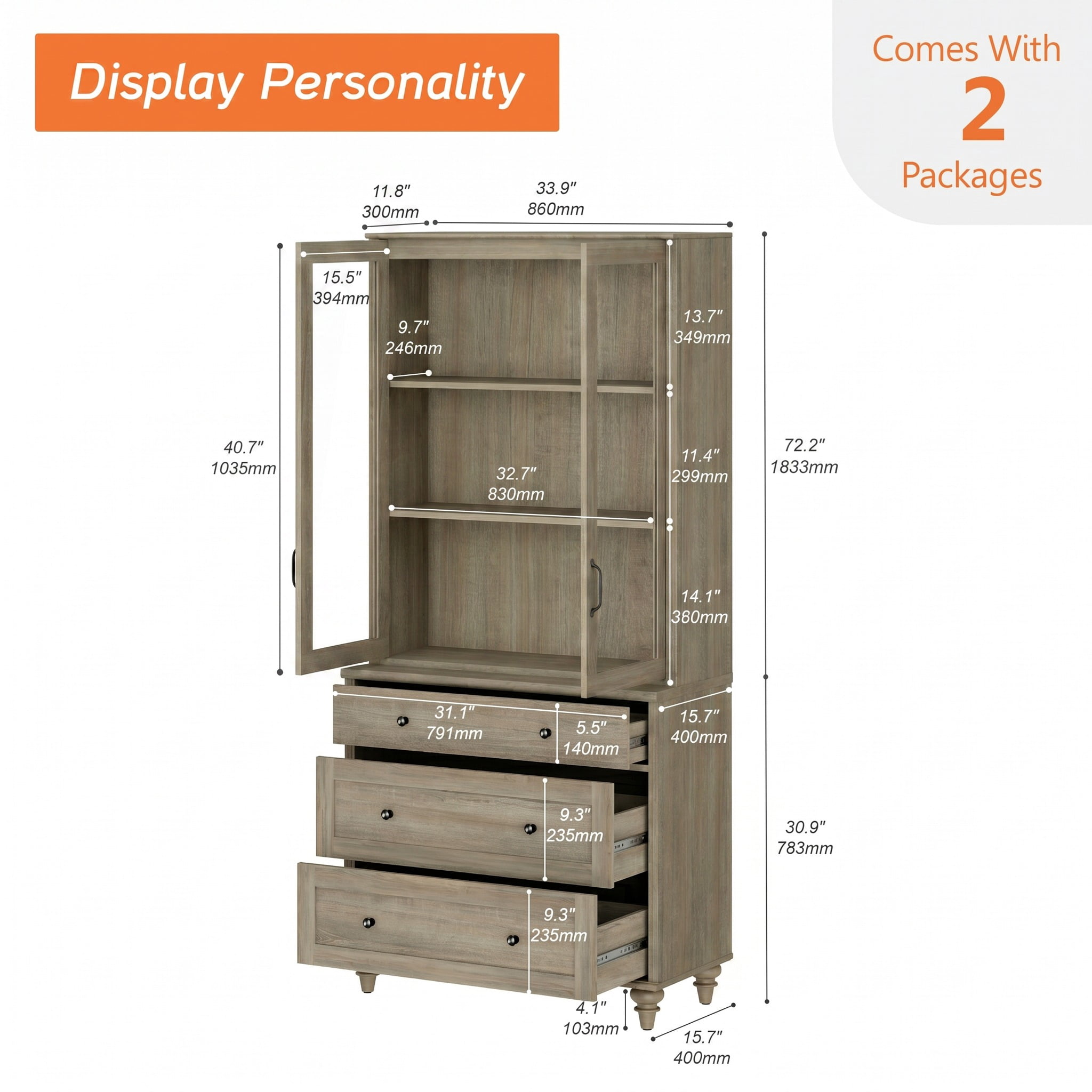 72"H × 34"W 5-Tier Farmhouse Wooden Library Bookcase with Glass Doors & 3 Drawers, Freestanding Storage Bookshelf for Living Room, Office & Kitchen, Wash Gray