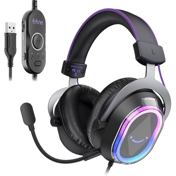 FIFINE Wired Gaming Headset with Noise Canceling Mic, USB Gamer Headphone for PC Computer, PS5/PS4 with RGB Control, 7.1 Sound, Chat/Game Balance H13
