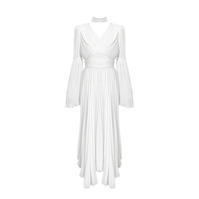 Women's Elegant V-neck Long Dress French Style Puff Long Sleeves Dress for Banquet Parties