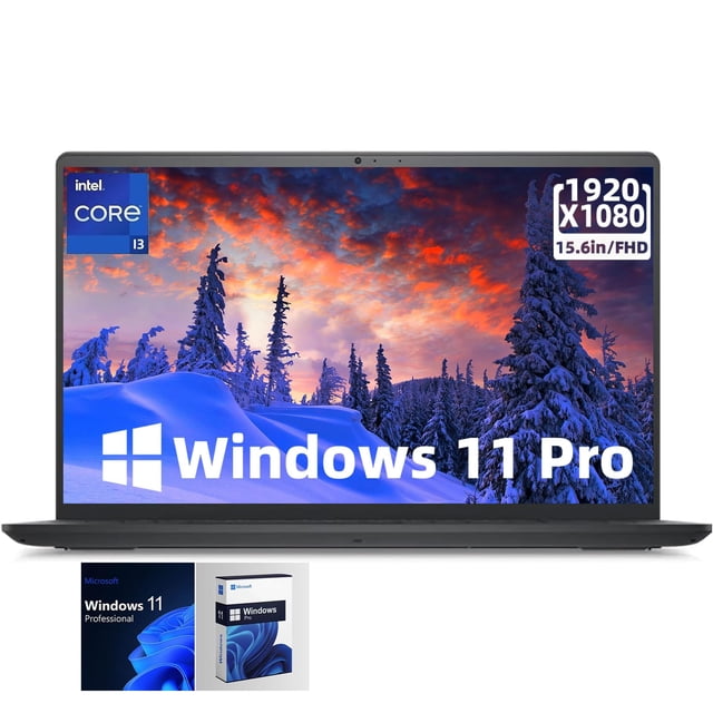 ordenador portátil dell inspiron 15 3520 business de 15,6 pulgadas con fhd i3-1215u de 8 gb. Vista frontal centrada de la laptop abierta con pantalla 15.6" FHD (1920x1080) mostrando fondo nevado y etiqueta Windows 11 Pro; biseles delgados, cámara web en el marco superior y chasis gris oscuro con teclado visible, adecuado para tareas de oficina y productividad.