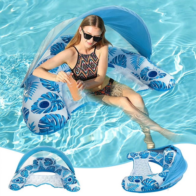 Summer Beach Pool Party Adult Inflatable Floating Chair with Cup Holder Headrest and Adjustable Canopy