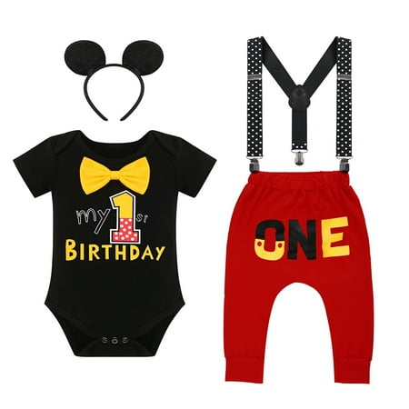 

IBTOM CASTLE Baby Boys First Birthday Cake Smash Outfits Suspenders Bloomers Bowtie Mouse Ear Photography Props 4-Piece 12-18 Months Black-My 1st Birthday