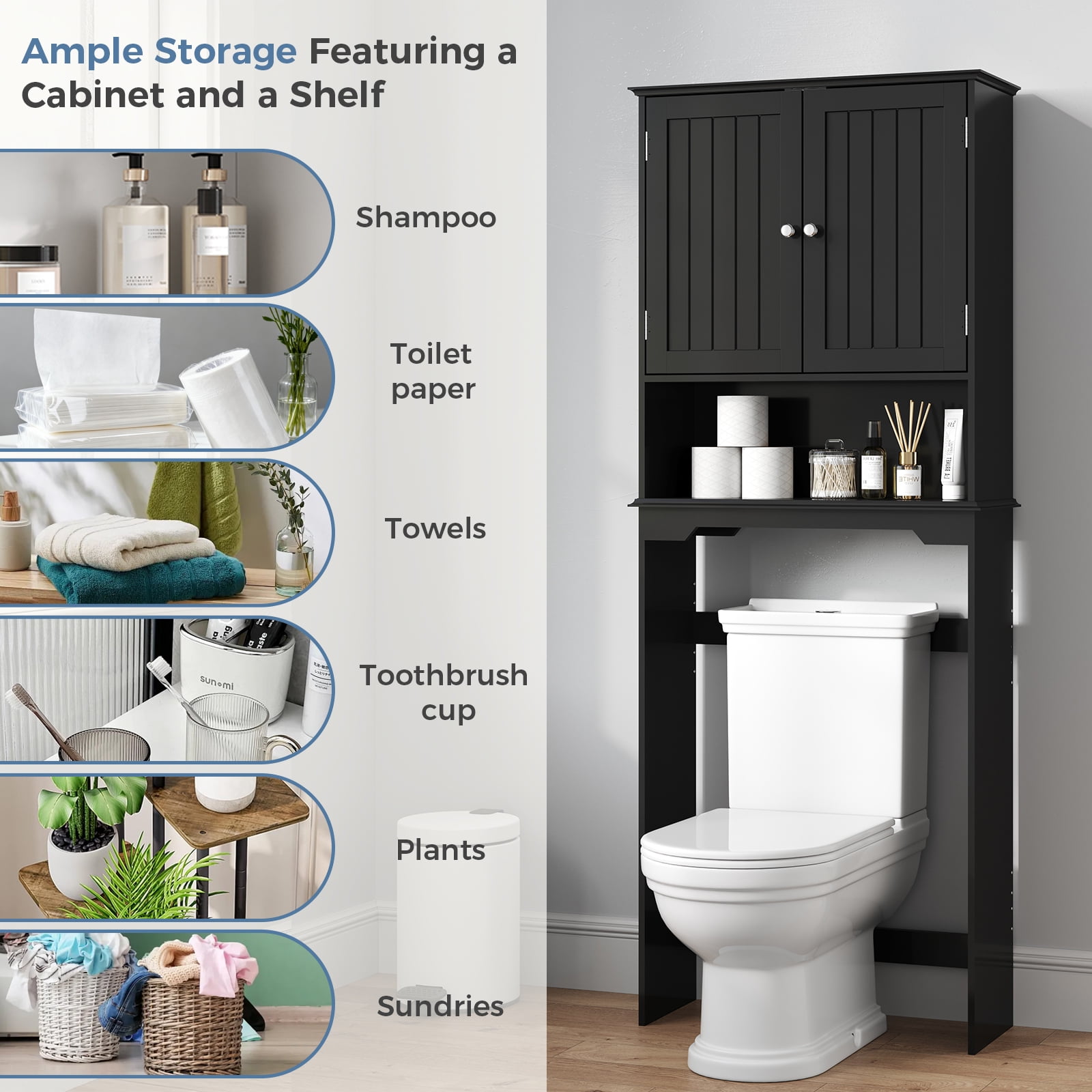 CONCETTA Black Over The Toilet Cabinet for Bathroom, Space Saver Storage with Quiet Magnetic Doors & Adjustable Bottom Stabilizer
