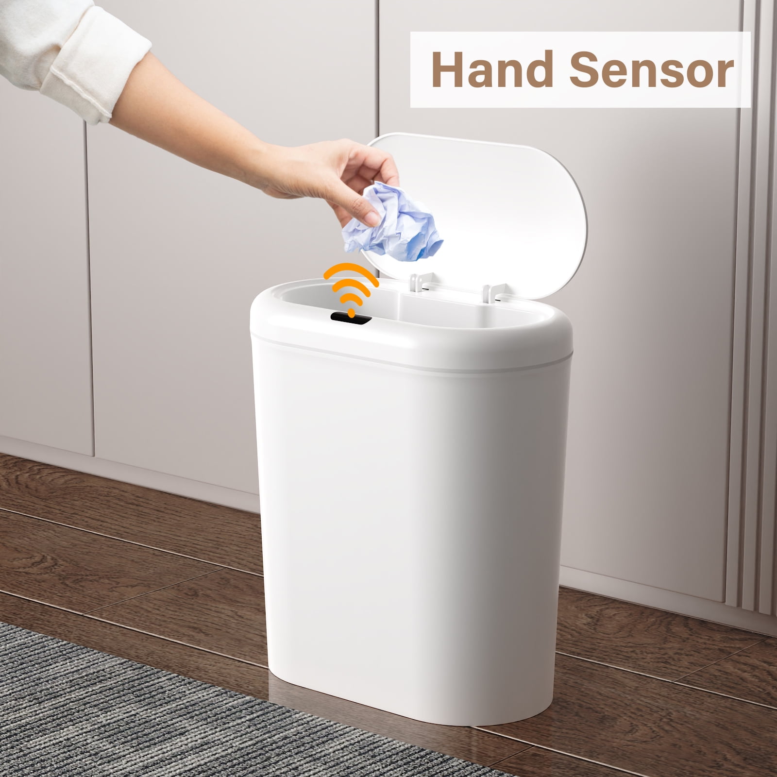 TINANA Automatic Sensor Trash Can with Lid 2 Pack: 3.3 Gallon Plastic Garbage Bins, Waterproof Touchless Slimline Wastebasket for Bathroom, Bedroom, Kitchen, Office, White