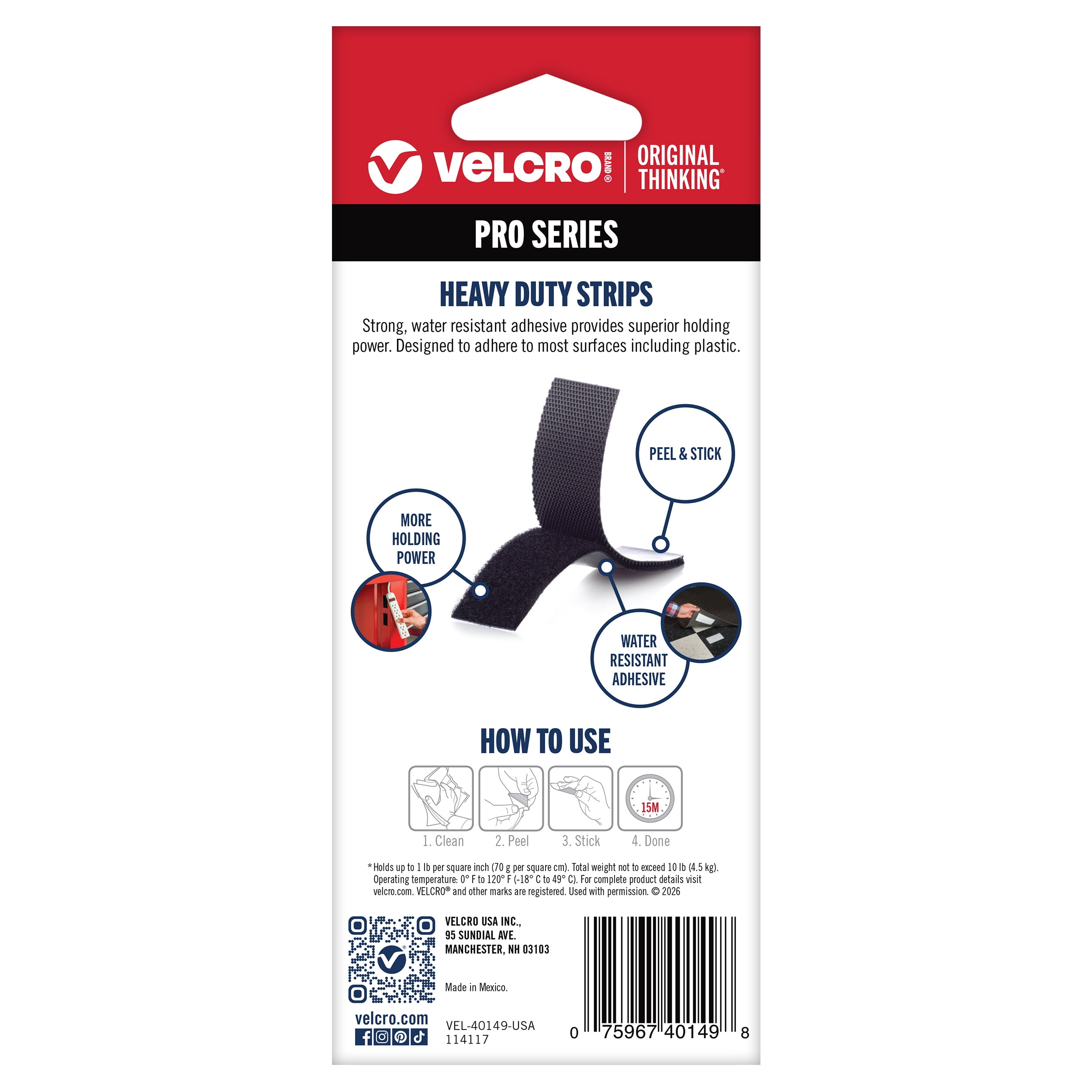 VELCRO® Brand PRO Series Heavy Duty Hook and Loop Strips, Black, 4 in x 1 in, Holds up to 10 lbs, 6 Count