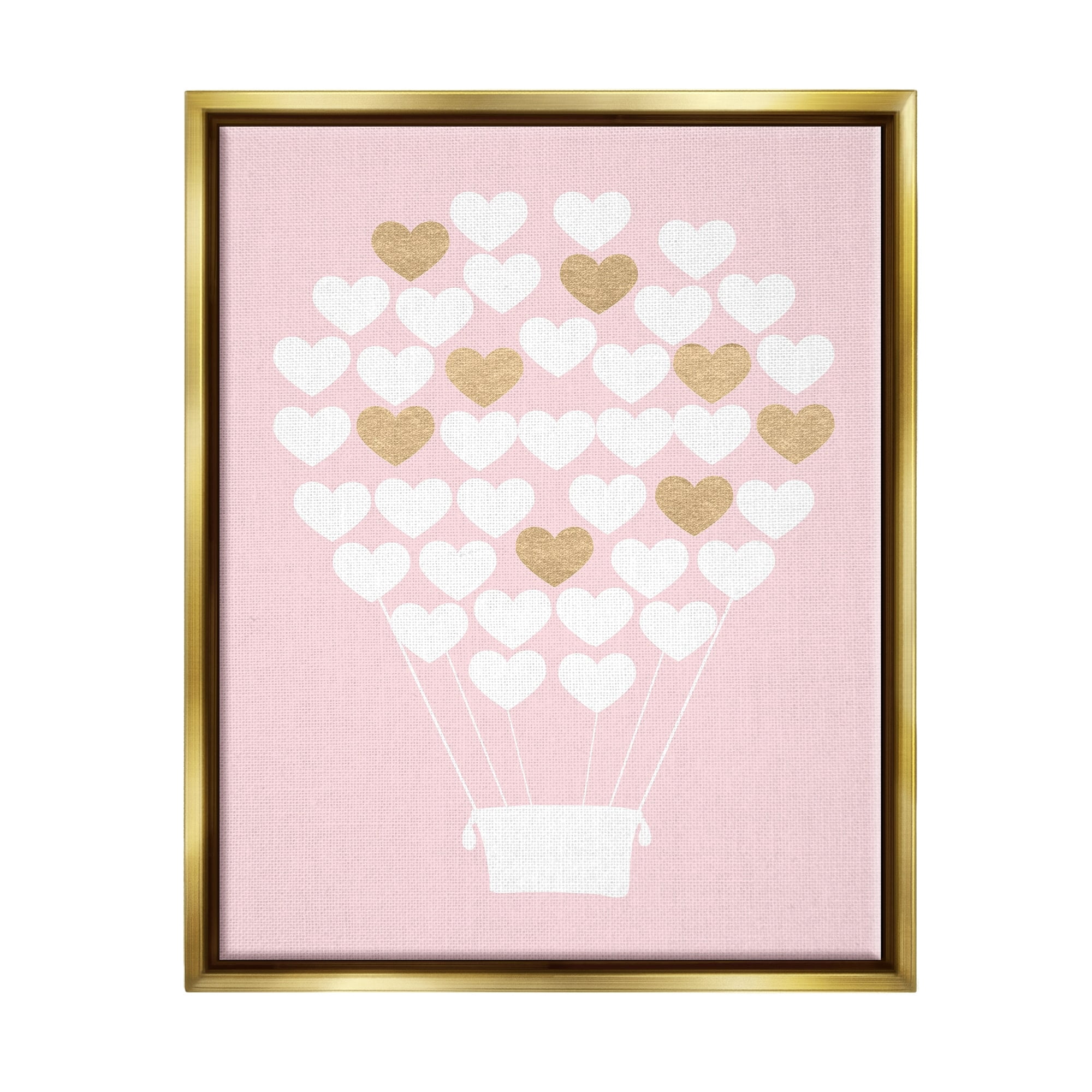 Stupell Industries White Gold Pink Heart Hot Air Balloon Metallic Gold Framed Floating Canvas Wall Art, 16x20, by Daphne Polselli