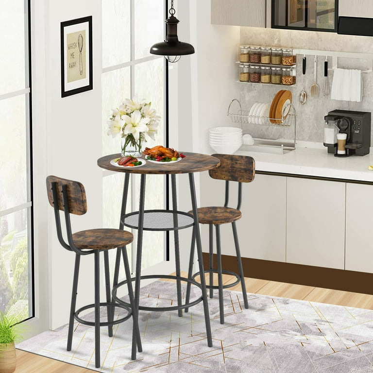 SESSLIFE 3 Piece Round Bar Table Set for 2 Wood Tabletop and