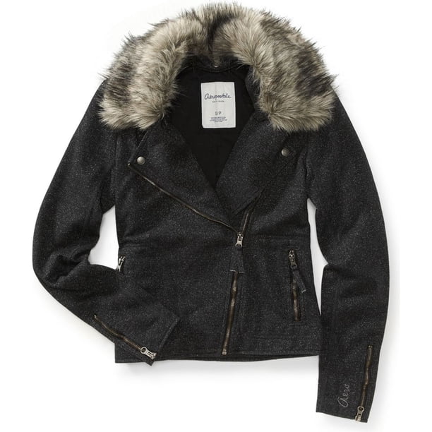 Chaqueta de campo Aeropostale con cuello de piel sintética brillante para mujer negro grande