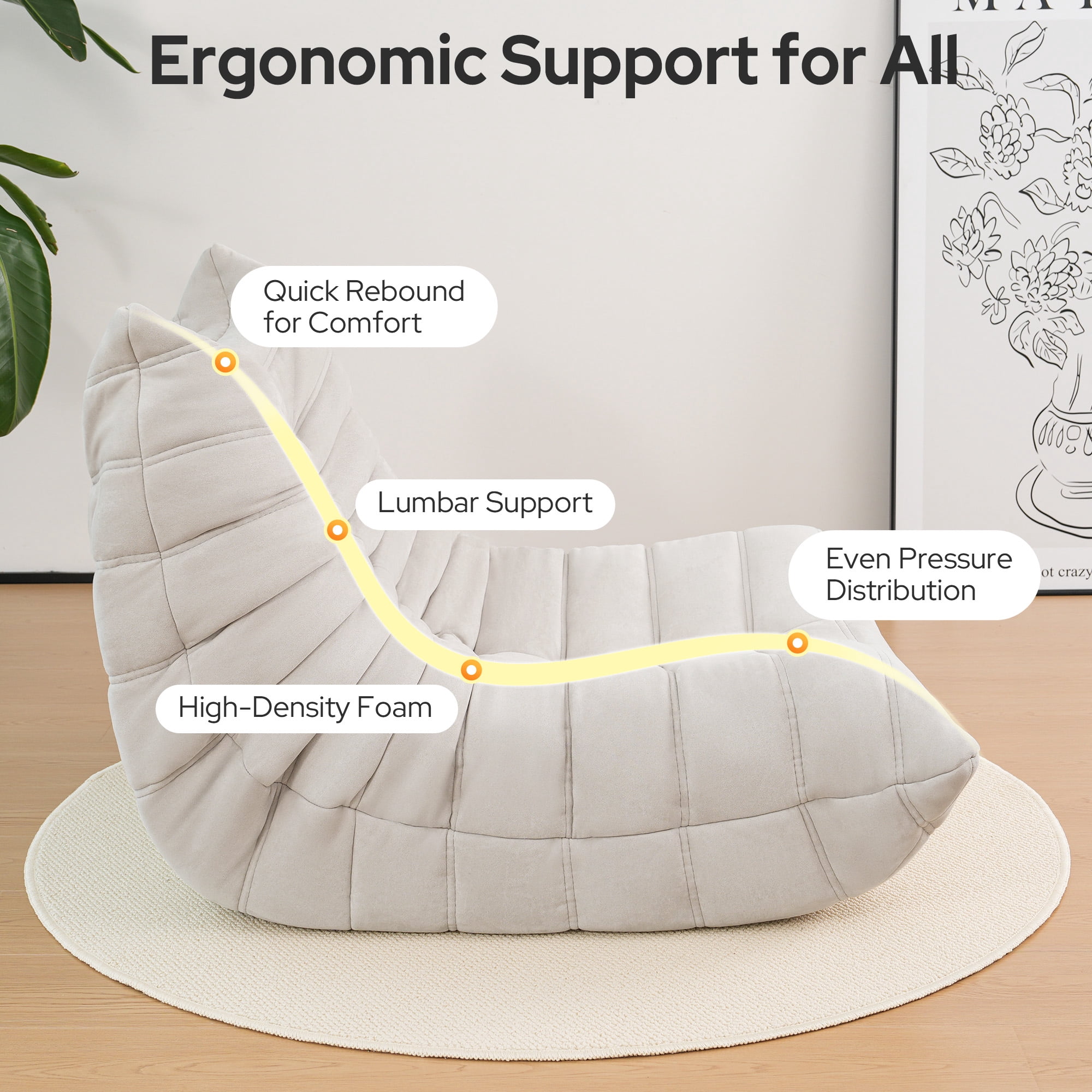 Cottinch Giant Bean Bag Chair Lazy Floor Sofa for Adults, Teens, Memory Foam Sofa Fireside Togo Chair Suede Lounger Couch for Living Room, Bedroom, Light Grey