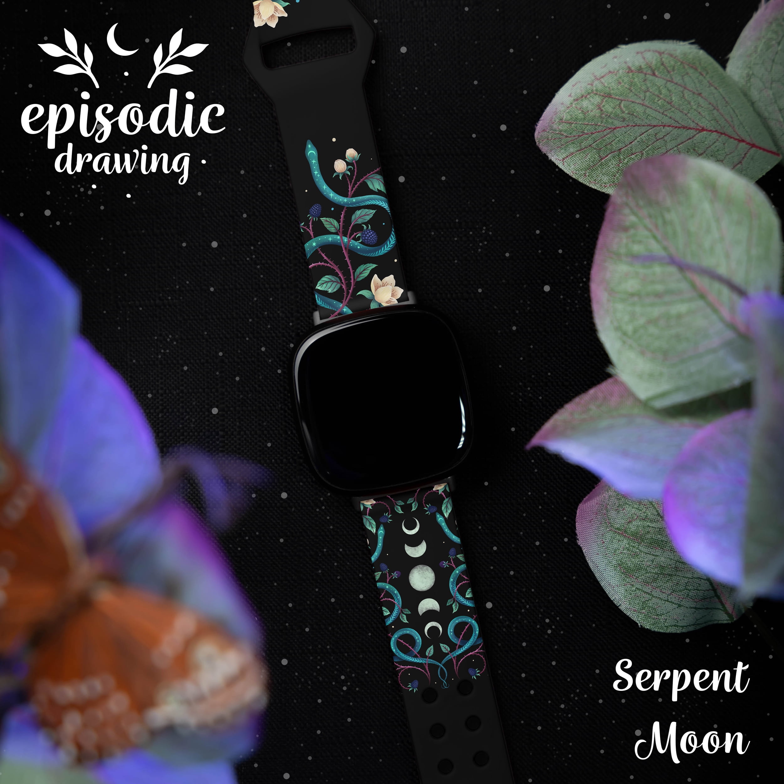 Episodic Drawing Enchanted Collection HD Watch Band Compatible with FitBit Versa 3 & Sense (20mm Short Serpent Moon)