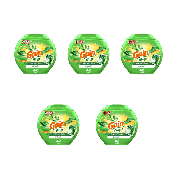 Gain Flings! 3-in-1 Original Laundry Detergent Pacs (42 Count x 5 ) – 5 Pack