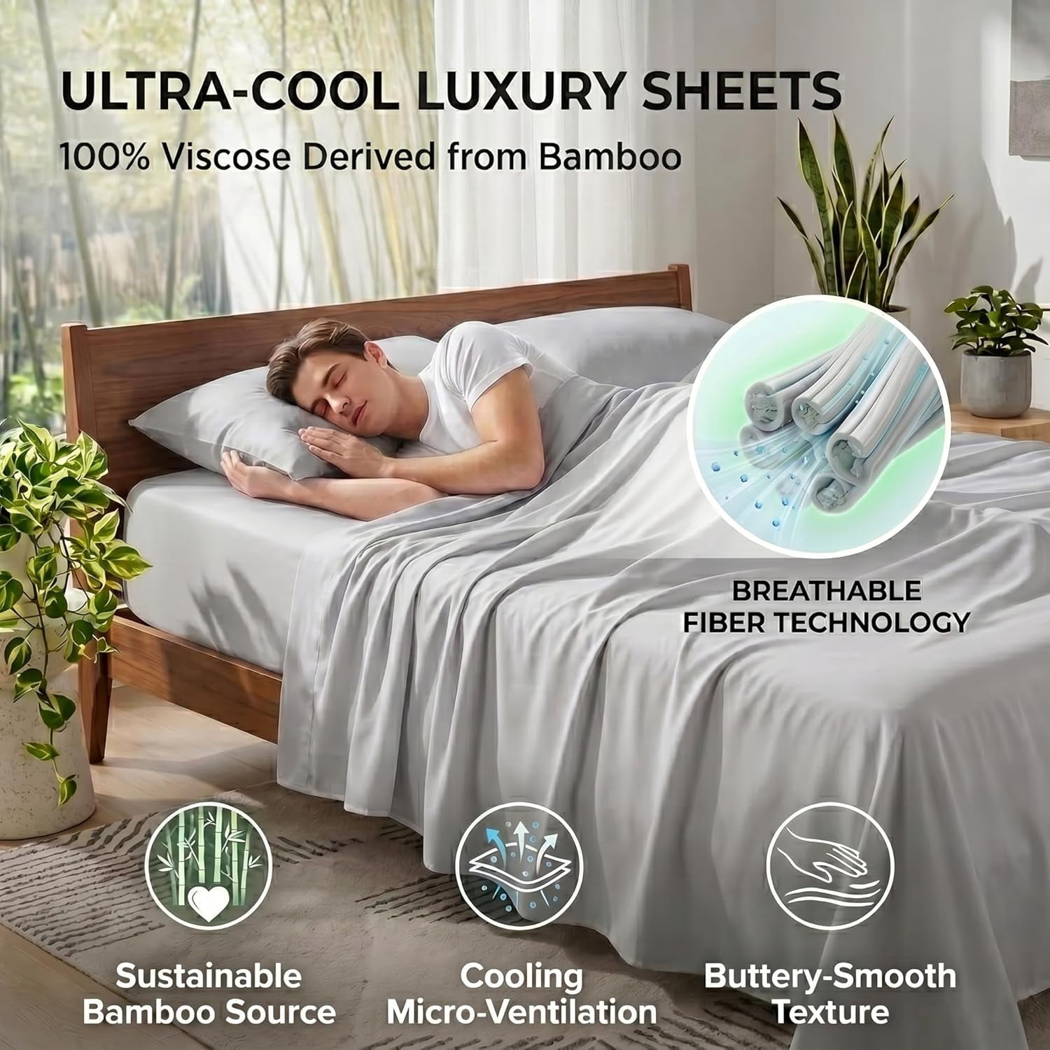Queen Size 100% Viscose Derived from Bamboo 1000 Thread Count Sheet Set, 10" Deep Pocket - Light Gray