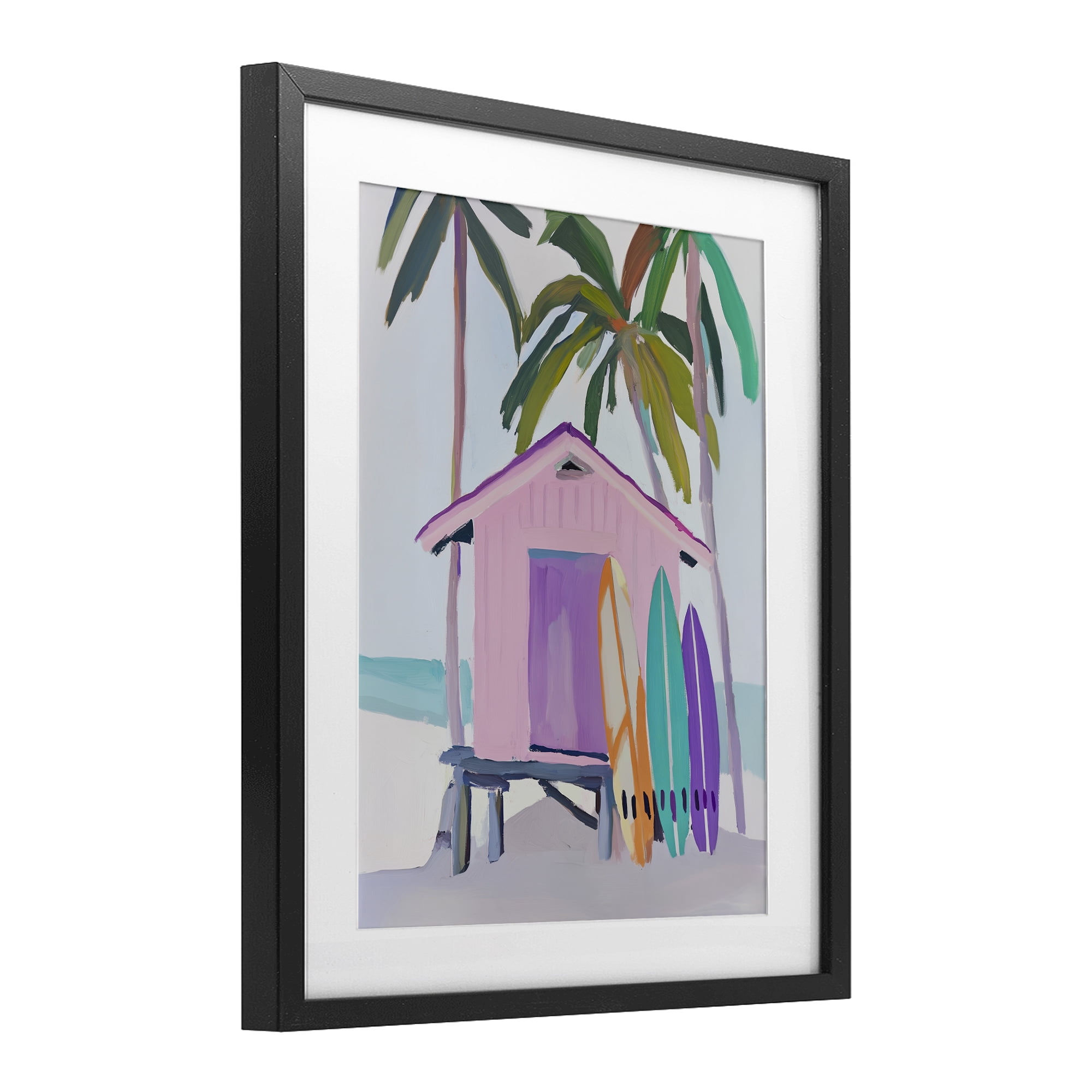 Stupell Industries Pink Beach Hut with Surfboards Black Framed Print Under Glass, design by Sisi and Seb