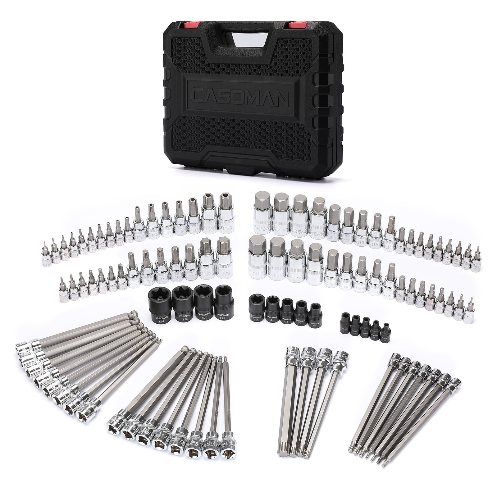 CASOMAN 107-Piece Bit Socket Set, 1/4", 3/8" and 1/2" Drive, Torx/Extra Long Torx/Tamper Proof Torx/Hex/Ball End Hex, SAE/Metric, S2 Steel Bits