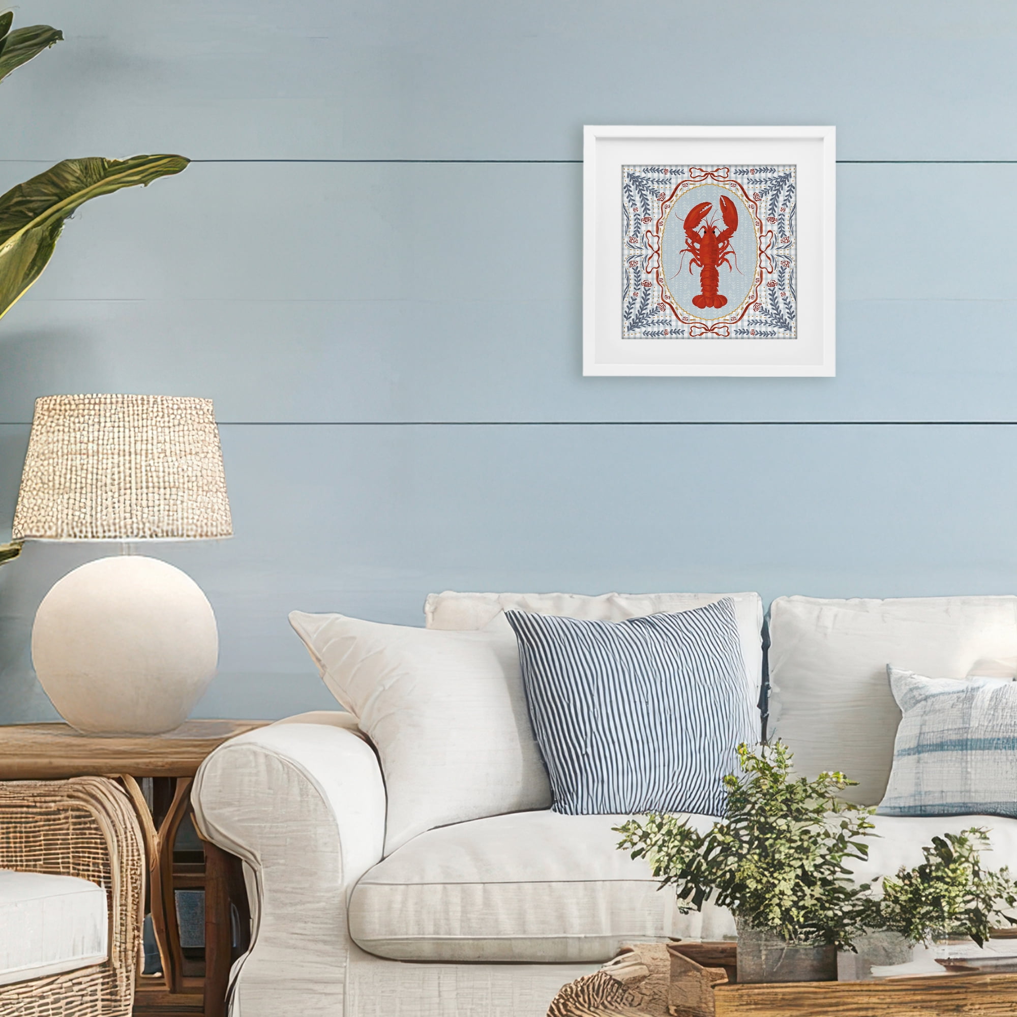 Stupell Industries Lobster Portrait Blue Gingham White Framed Print Under Glass, design by Vero Illustrates
