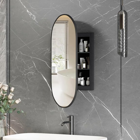 Oval Medicine Cabinet with Mirror,Recessed Medicine Cabinet for Bathroom, Brushed Black Mirror Cabinet with 3 Storage,Metal Edge,Oval Wall Mounted Medicine Cabinet 16x31Inch