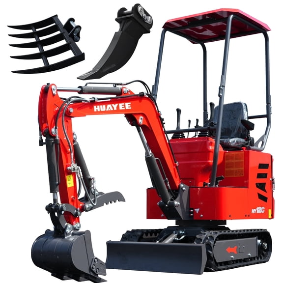 HUAYEE Mini Excavator HY12C 1.2 Ton with Rake and Ripper, Hydraulic Thumb Clamp, 1 Pack