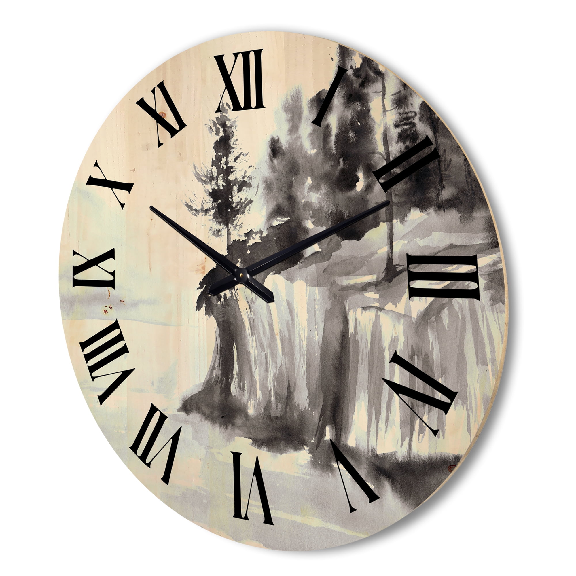 Designart 'Black & White Cliffs By The Lake' Nautical & Coastal Wood Wall Clock