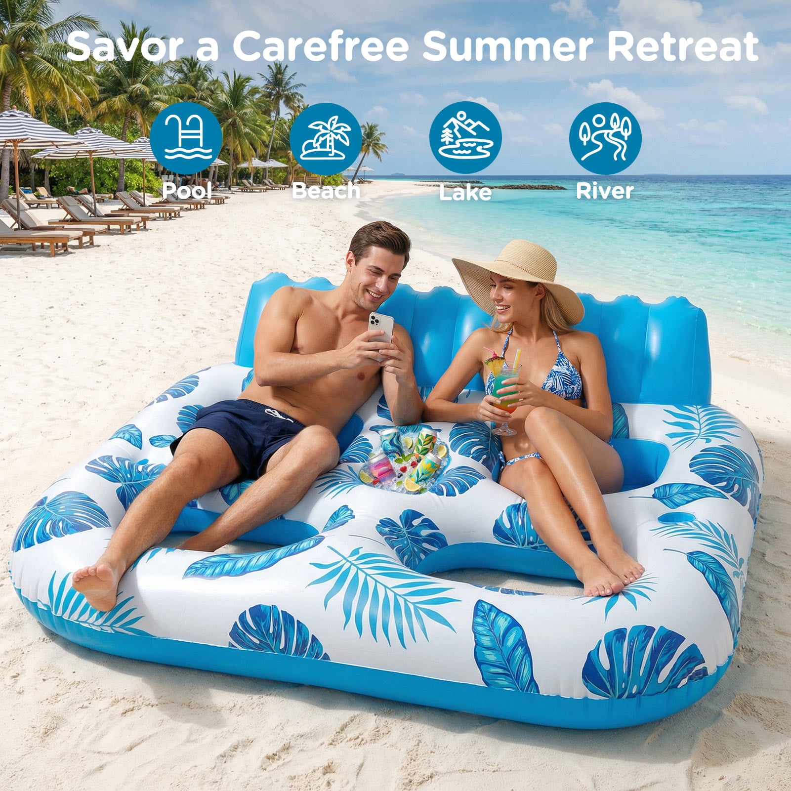 Livhil Inflatable Pool Float, 2 Person Pool Floats for Adults, Double Inflatable Lounger Pool Raft with Backrest & Cup Holders, Summer Water Fun for Pool Beach Lake, Blue