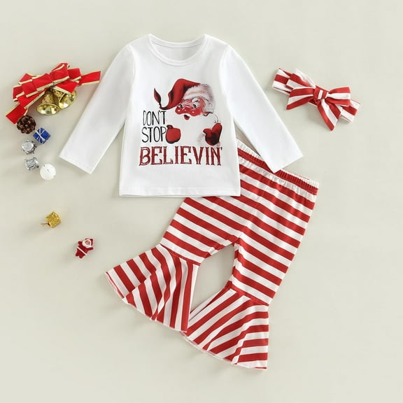 Honeeladyy Toddler Girls Christmas Outfits,Long Sleeve Printed T-Shirt Top with Flared Pants for Spring Fall Winter Clothes Set Holiday Gift White 6-12Months