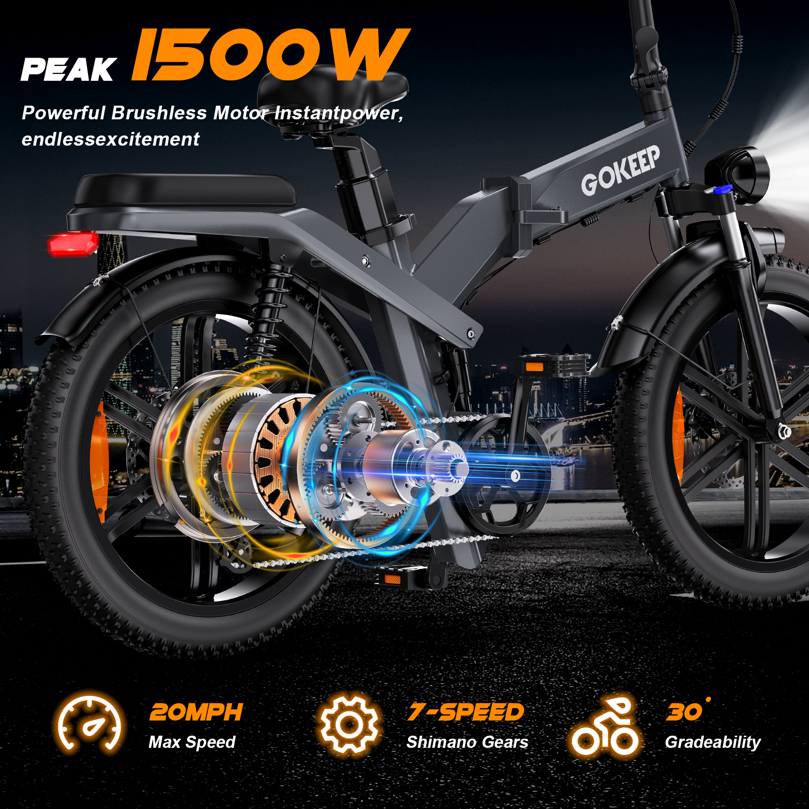 GOKEEP X20 Electric Bike for Adults, 1500W Peak Motor Electric Bicycle with 48V 21.3AH Removable Li Dual Battery, 20" x4.0 Fat Tire Folding Electric Dirt Bike, E-Mountain Bike, UL2849, Grey
