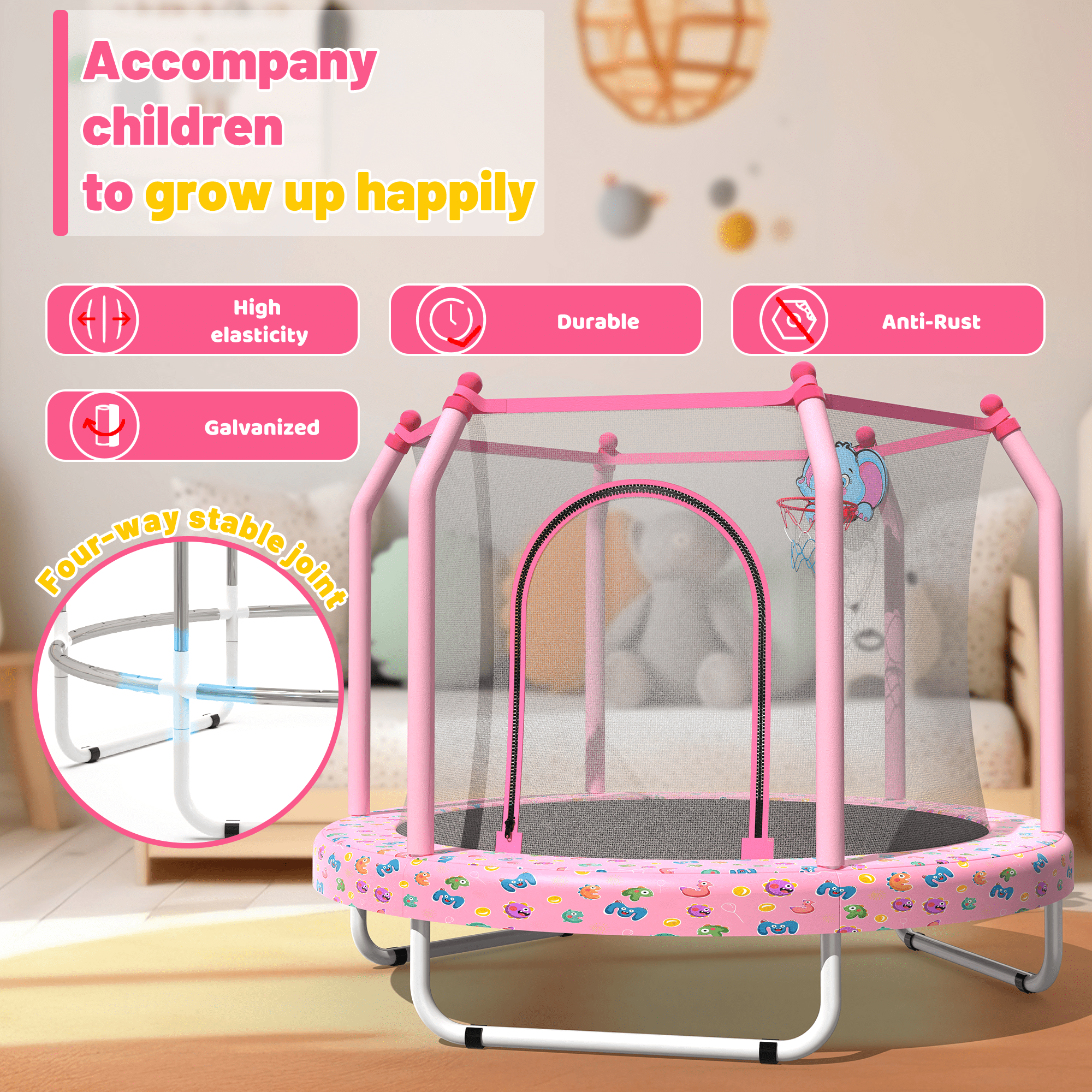 Leumius 55" Trampoline for Kids with Enclosure,Indoor & Outdoor Trampoline with Basketball Hoop for Boys & Girls,Pink