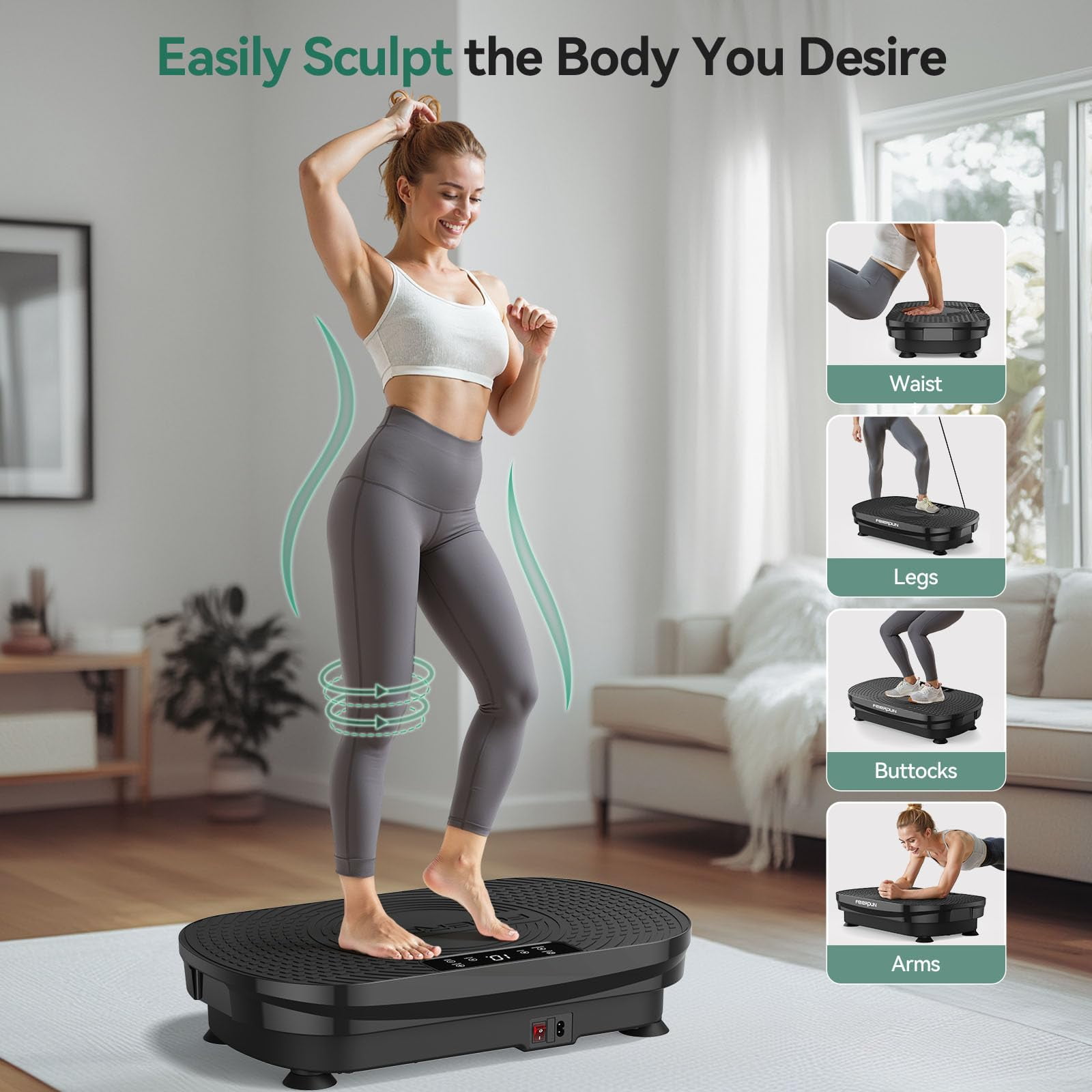 UPGO Vibration Plate Exercise Machine, Lymphatic Drainage Machine, Whole Body Workout Vibration Platform w/ 2 Resistance Bands for Weight Loss, Toning & Wellness-Black