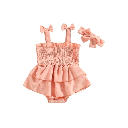 

Infant Girls Romper Dress Solid Color Bow Straps Ruched Sleeveless Skirts Hem Baby Bodysuits with Headband