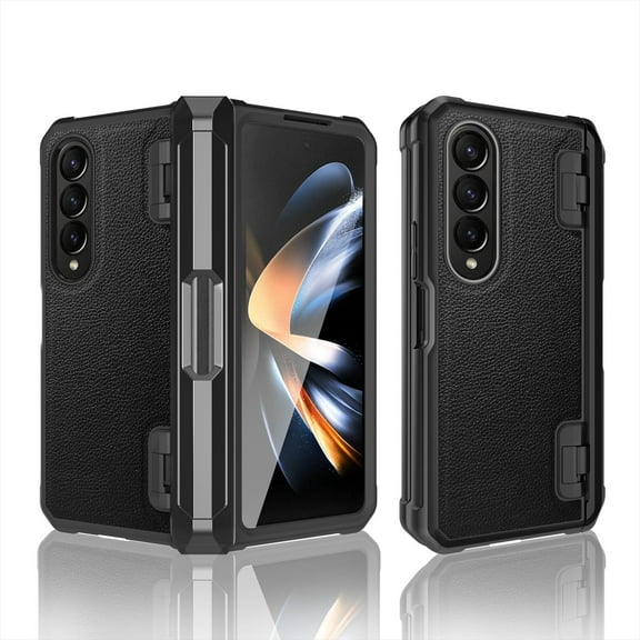 ELEHOLD Rugged Case for Samsung Galaxy Z Fold 4,Lychee Leather Pattern Design Built-in Screen Protector Pen Slot Full Body Hinge Protection Shockproof Non-Slip Heavy Duty Case,Black