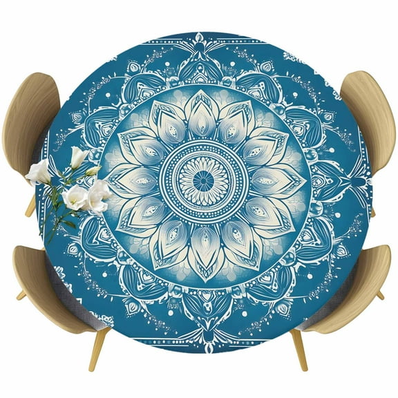 Navy Blue Boho Round Tablecloth 55-60 Inch Round Fitted Table Cloth with Elastic Edge, Southwestern Floral Ethnic Tribal Abstract Waterproof Table Cover Protector for Outdoor Picnic Party Dining
