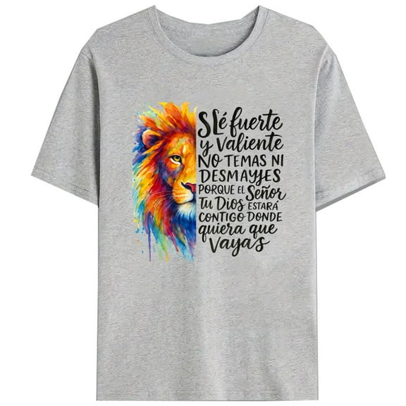 Spanish Inspiration Graphic Tee Colorful Lion Design Letter Motivational T-Shirt Cotton Gray S-3XL