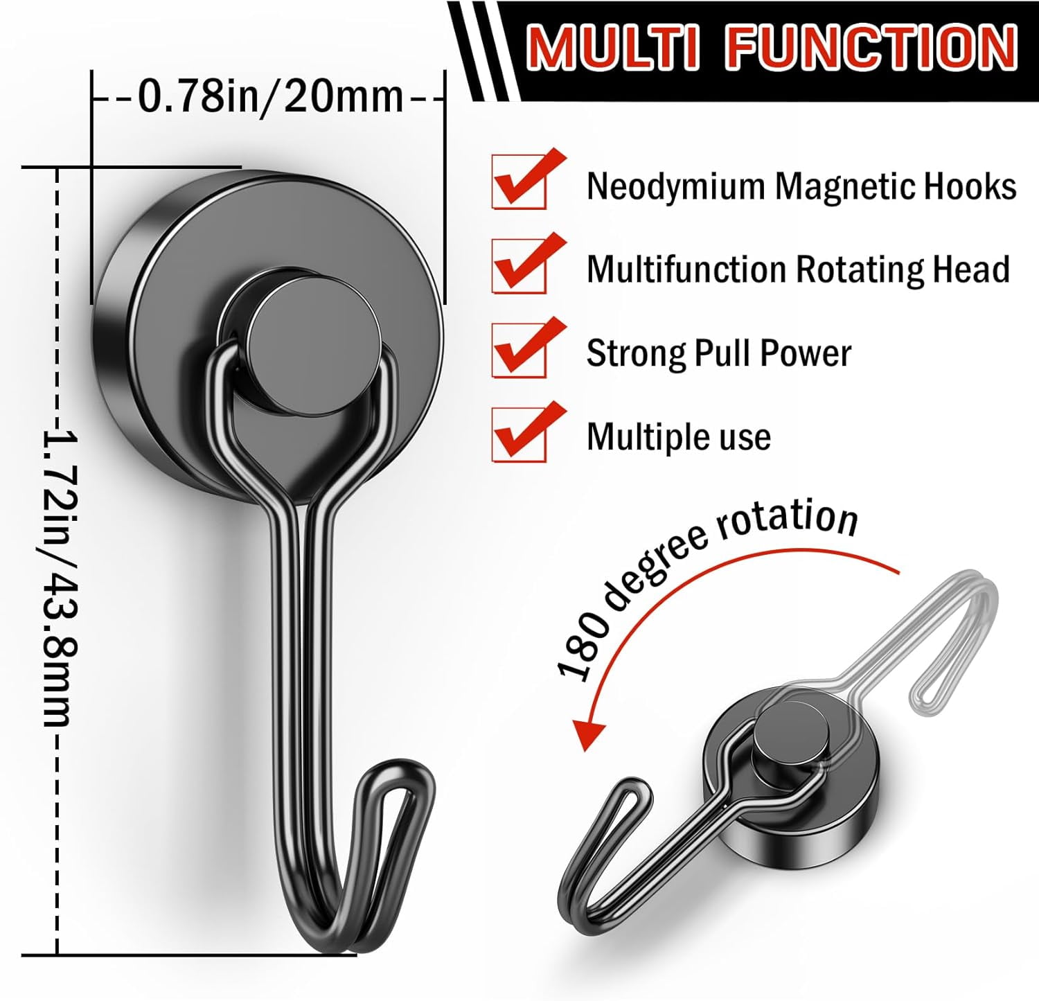 JJEAN-Magnetic Hooks, 40lb+ Black Magnetic Hooks for Classroom, 2026 Cruise Essentials, 10 Pack Strong Magnet Hook Heavy Duty, Neodymium Magnet Hooks for Cruise, Workplace, Home Storage, Kitchen