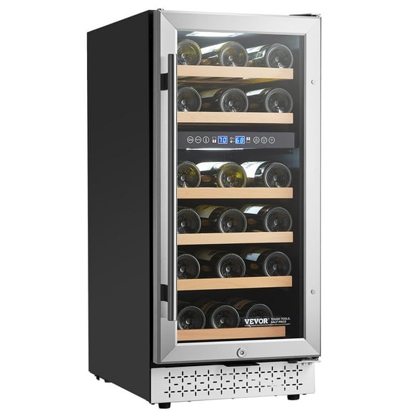 VEVOR Wine Cooler, 28 Bottle Dual Zone Wine Fridge, Mini Wine Cooler Refrigerator with Glass Door, Adjustable Shelves, Digital Temperature Control, Built-in & Freestanding Fridge for Home Office Bar