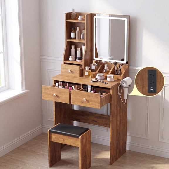 LED Vanity Desk with Mirror & Drawers, Modern Makeup Table with Adjustable Lighting for Bedroom Dressing Area