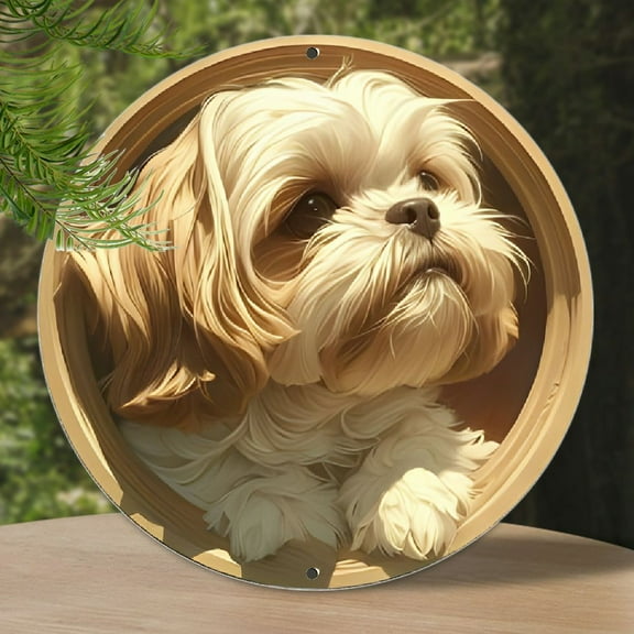 Shih Tzu Puppy Aluminum Art Sign - 1pc Vintage-Inspired Metal Wall Décor, Classic Dog Portrait Round Plaque for Home Bar, Cafe, Beach House - Detailed Animal Illustration, Outdoor/Indoor Use