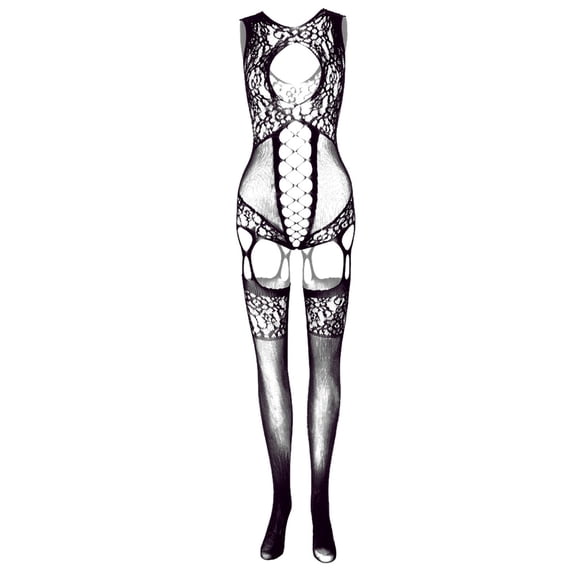 Odeerbi Women's Lingerie Bodysuit Set Valentine's Day Solid Color Mesh Hollow Socks Nightwear Set