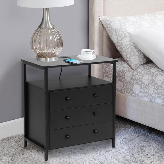 JUIKURY 3 Wooden Drawers Black Night Stand, 27 Inch Wide Nightstand with Charging Station and Adjustable Drawers, Small Dresser for Closet, Bedside Table for Living Room/Bedroom/Office