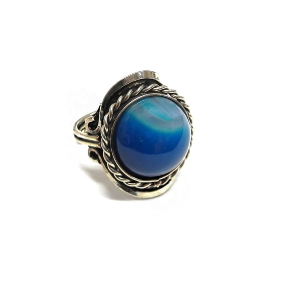Round Dyed Banded Agate Healing Gemstone Crystal Marble Cabochon Silver Metal Border Adjustable Ring - Womens Fashion Handmade Jewelry Boho Accessories