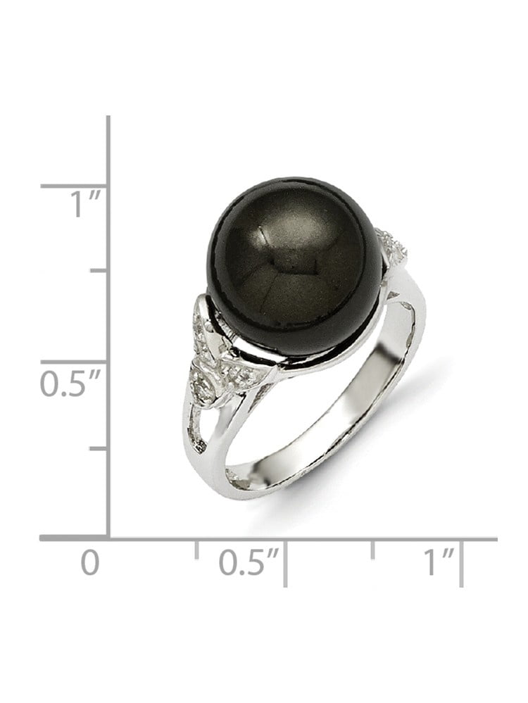 Sterling Silver Pearl Ring Band Solid Majestik 12-13mm Black Shell Pearl CZ Ring